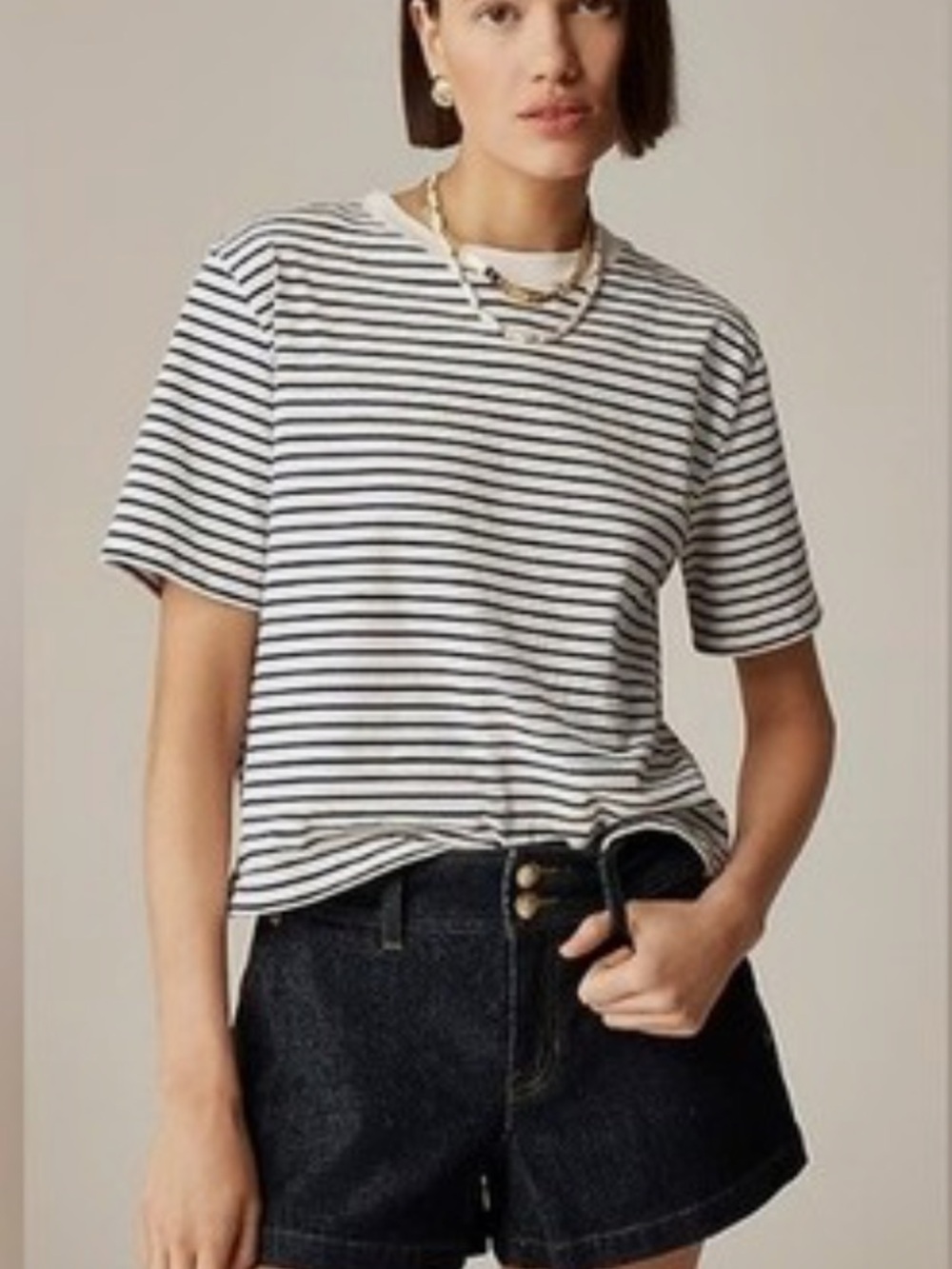J.CREW Women's Relaxed Premium-Weight Cropped T-Shirt Black Stripe Small Coastal